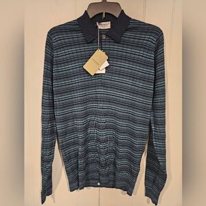 John Smedley Orion Green 100% Merino Wool Long Sleeve Polo Shirt Size Medium NWT